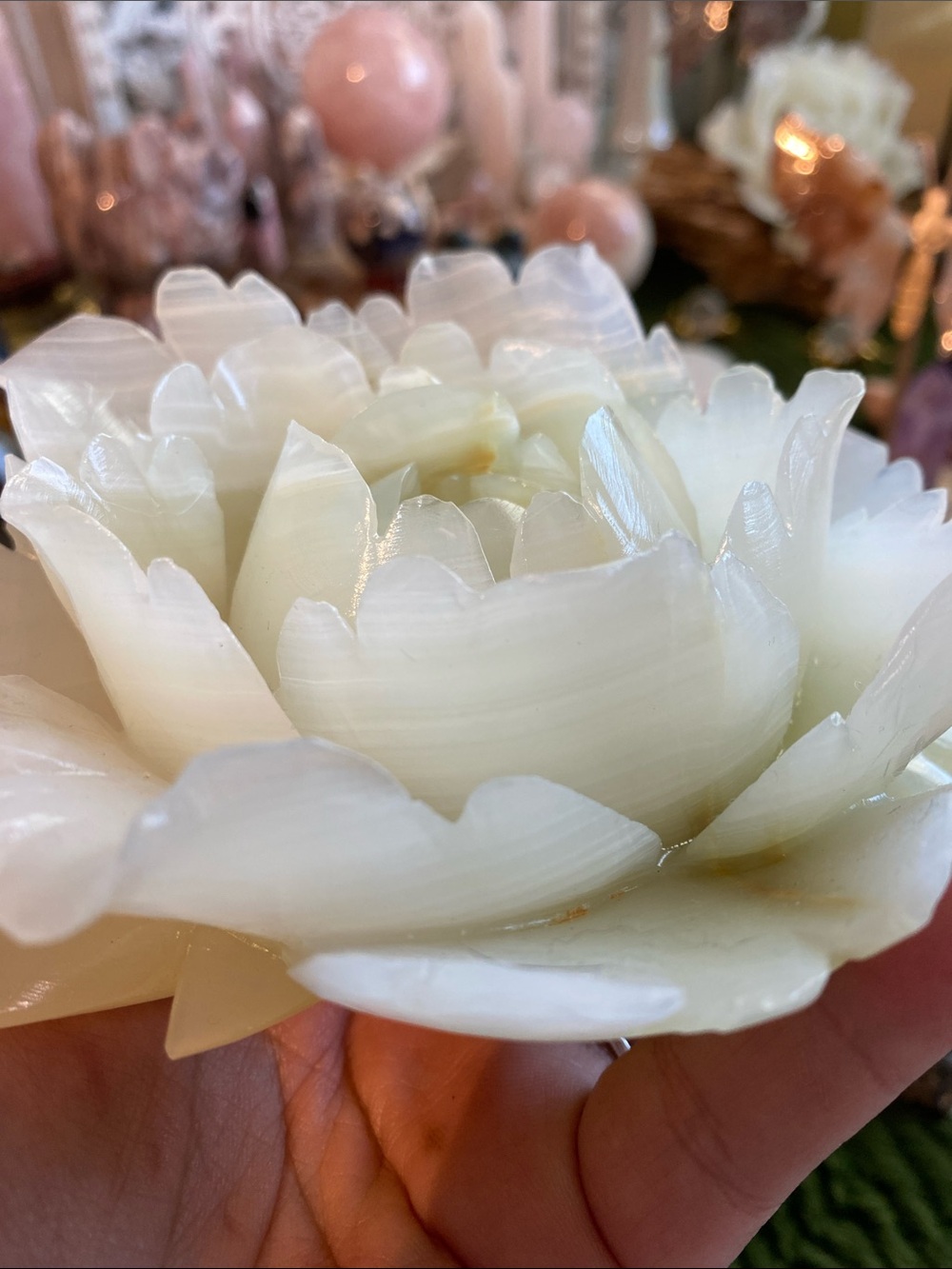 Carved Green Onyx peony Crystal Display - Picture 4 of 4
